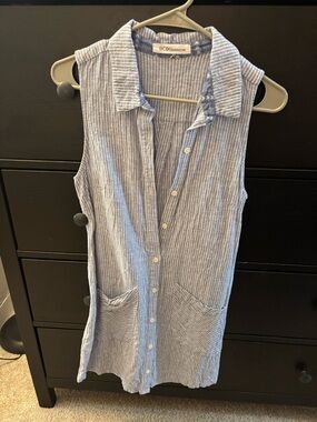 BCBGeneration Light Blue & White Striped Sleeveless Button-Front Tunic